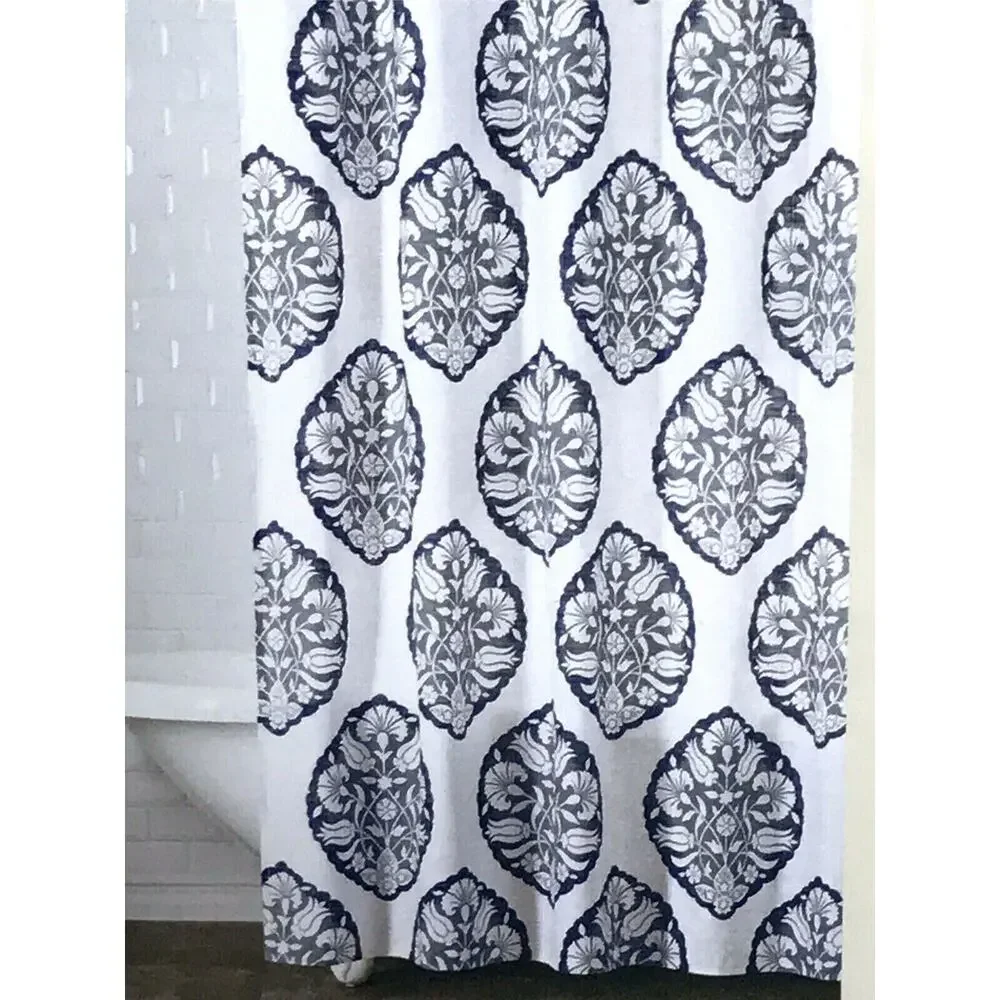 Southern Living Hayden Shower Curtain Navy White Floral Medallion Print Cotton